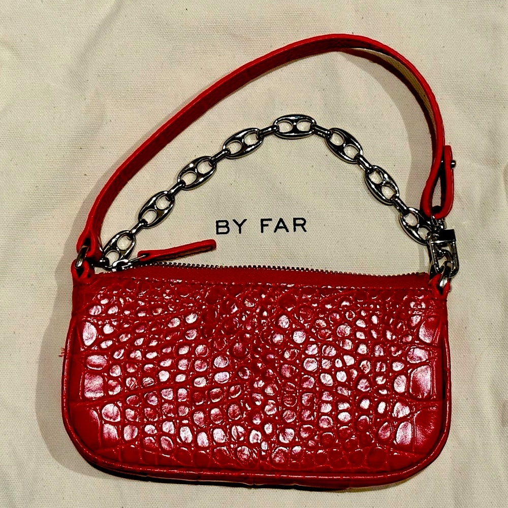 BY FAR Mini Rachel Red Croco Embossed Leather Bag